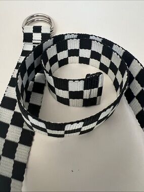 Checkerboard Black & White Webbing Belt with Double Ring Buckle